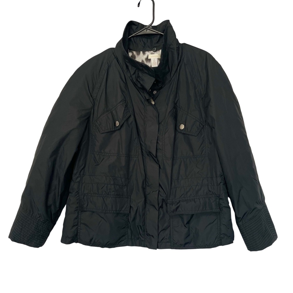 Chico's Utility Puffer Jacket Women 2 Large Black Leopard Lining Full Front Zip
